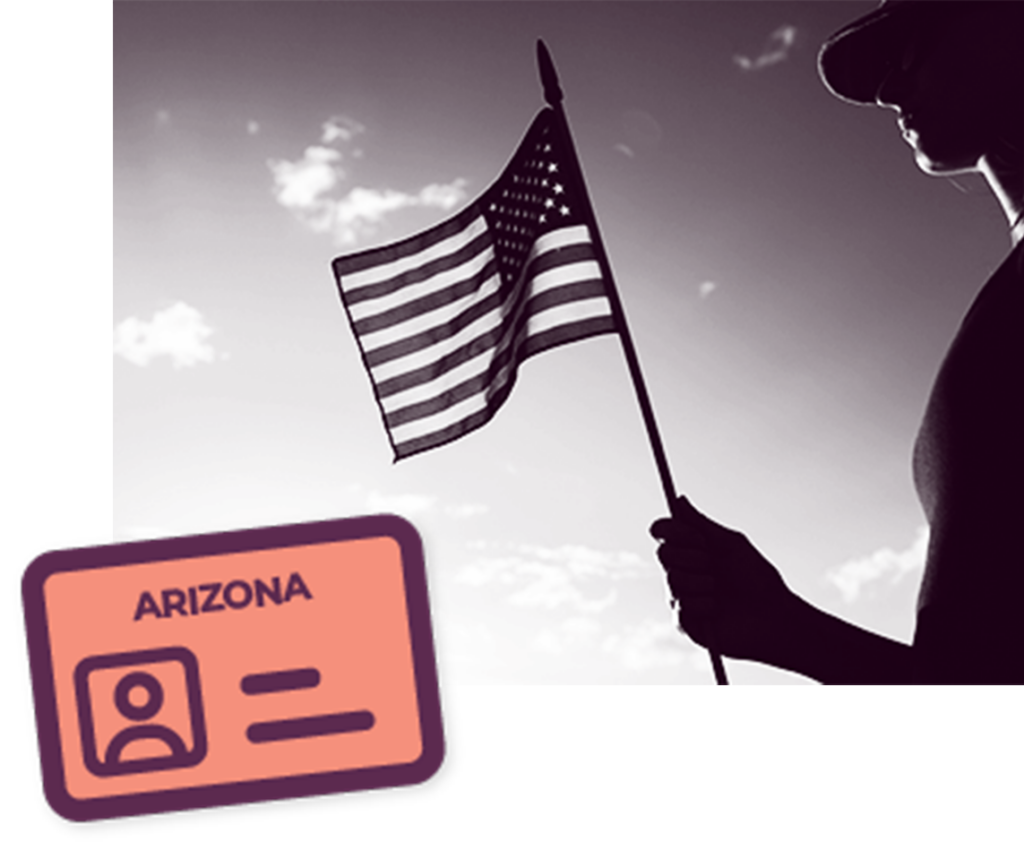 photos of man holding american flag with an icon of a AZ license